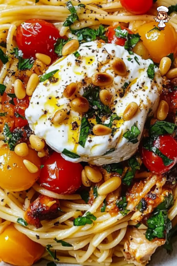 Spaghetti de Pollo con Burrata y Salsa de Mantequilla de Ajo y Limón