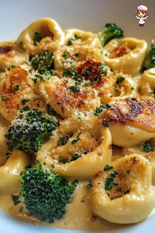 Tortellini Cremoso con Ajo y Parmesano con Pollo y Brócoli - Receta Deliciosa y Fácil