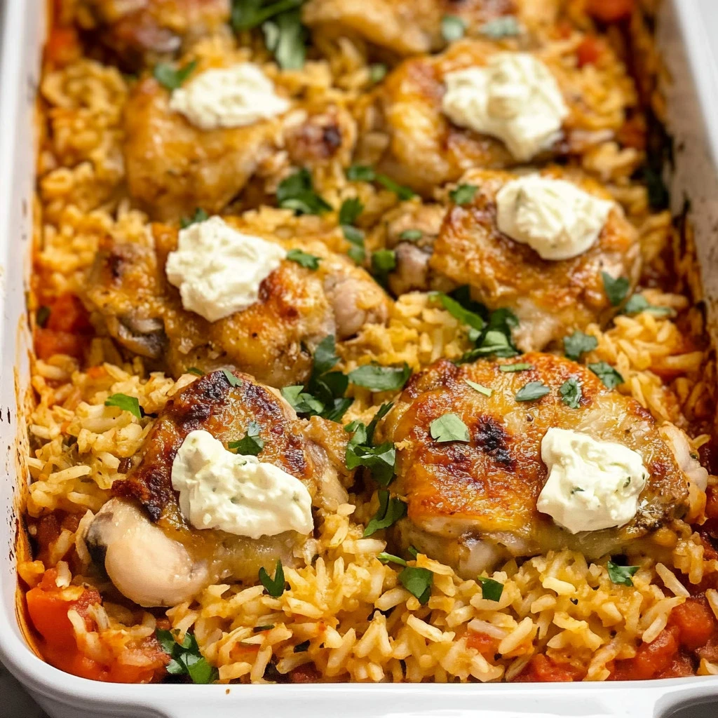 Horneado de Pollo y Orzo a la Griega con ingredientes frescos y saludables.