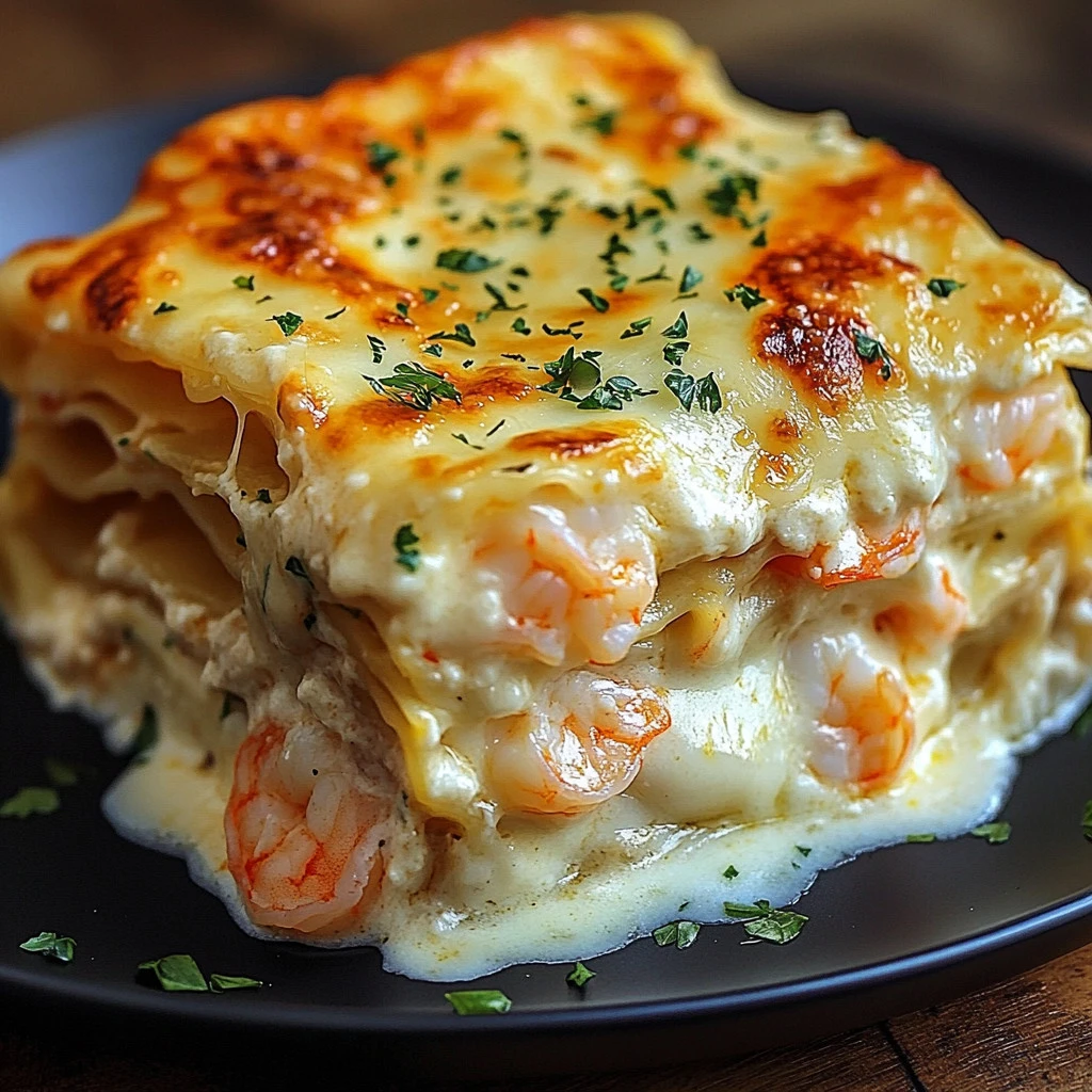 Plato de lasaña de camarones servida con salsa blanca y queso.