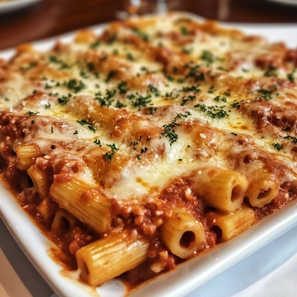 Plato de lasaña de ziti caliente, servido con queso derretido y salsa de tomate.