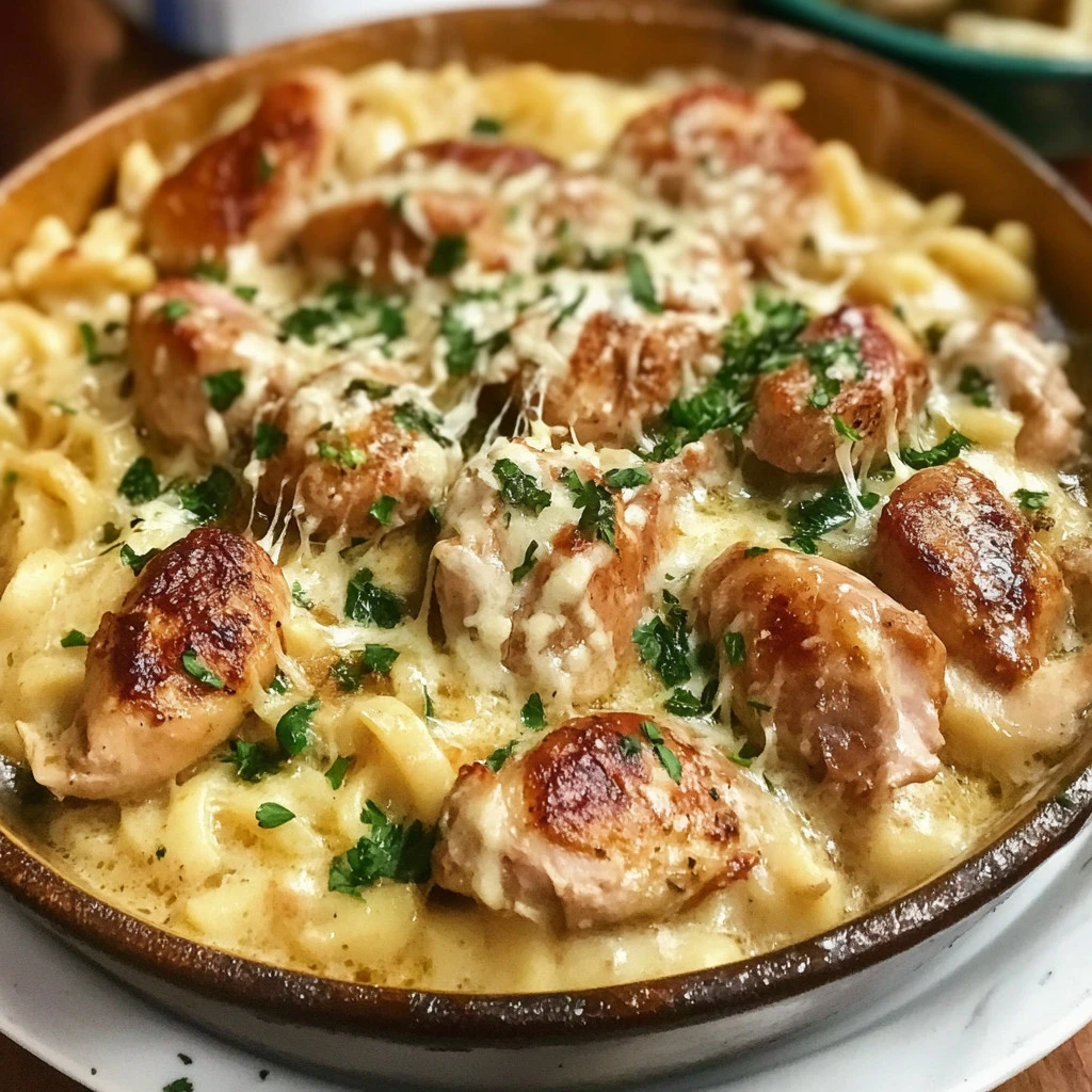 Orza cremosa con salchicha de pollo servida en un plato