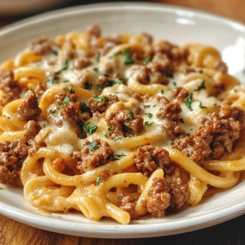 Pasta Alfredo con Carne Molida, un platillo cremoso y sabroso.