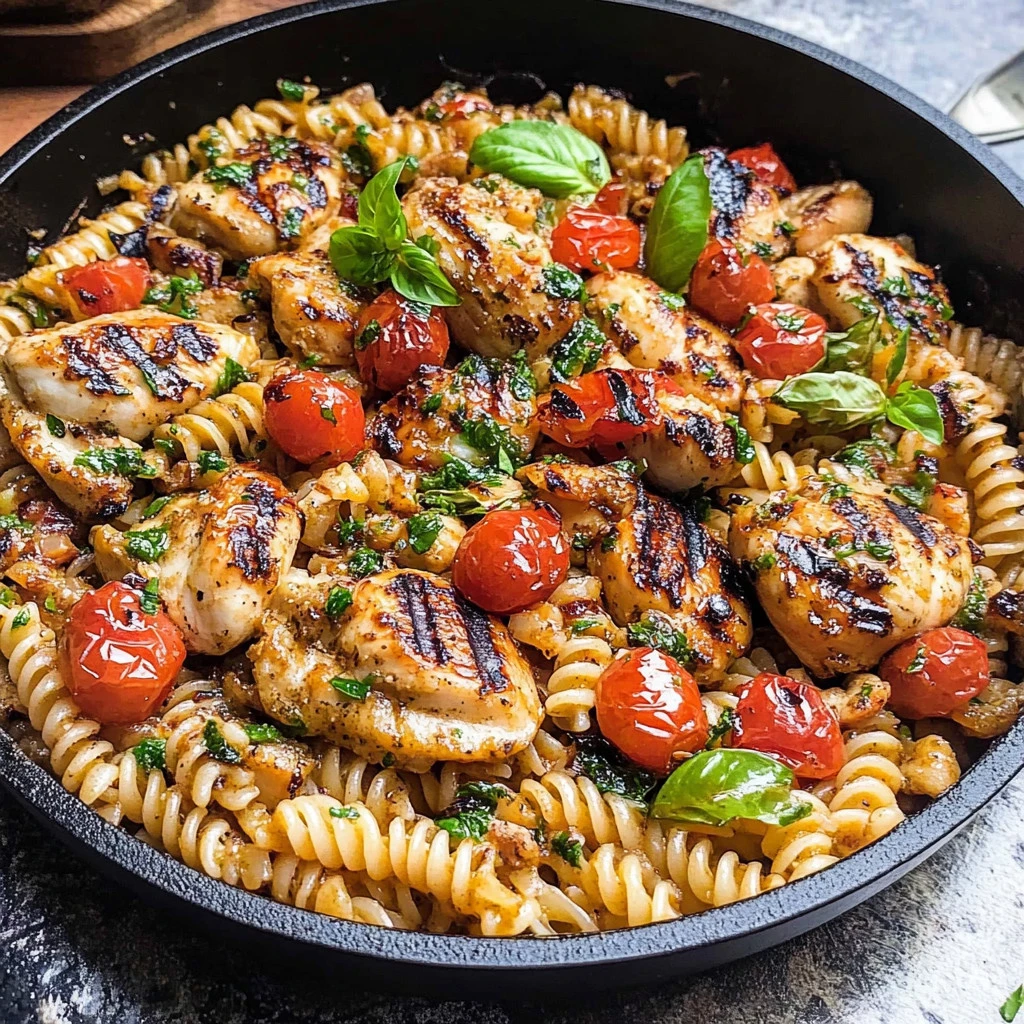 Pasta de Tomate y Albahaca acompañada de Pollo a la Parrilla Balsámico.
