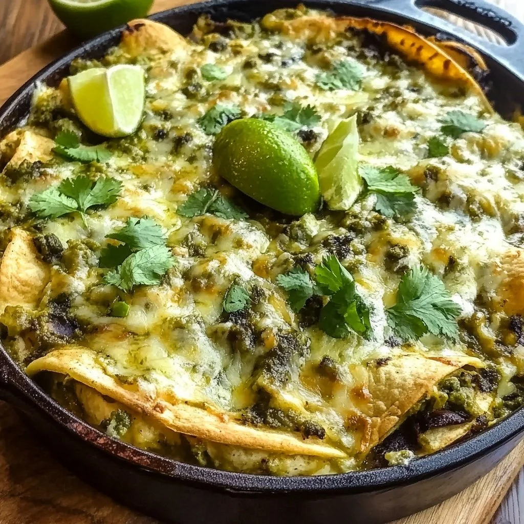 Cazuela de enchiladas de pollo verde con salsa fresca y guarniciones