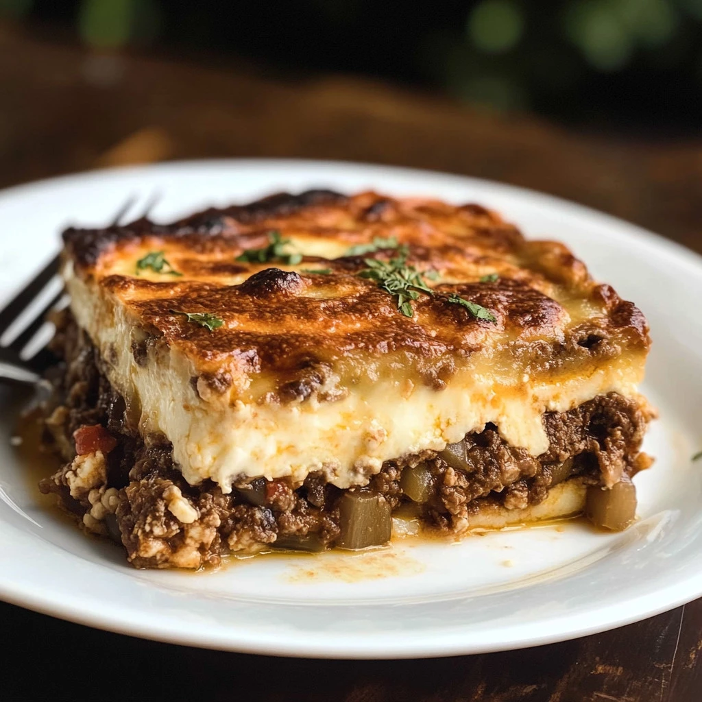 Tazón de Moussaka Griega recién horneada con ingredientes frescos y queso derretido