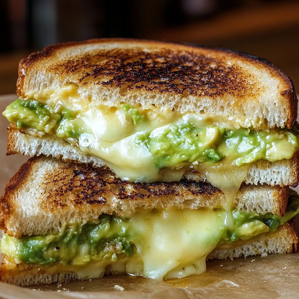 Sándwich de queso a la parrilla con aguacate y crema sobre una tabla de cortar