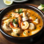 Plato de sopa de mariscos fresca y colorida en un tazón