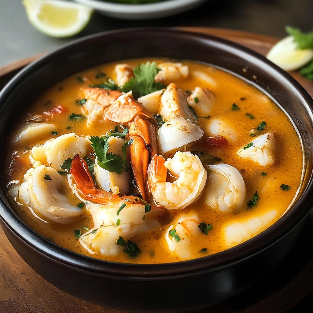 Plato de sopa de mariscos fresca y colorida en un tazón