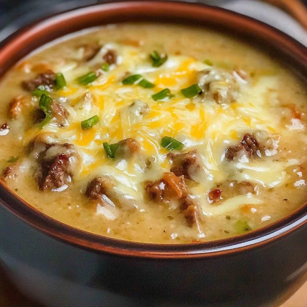Sopa de Philly Cheese Steak servida en un tazón con ingredientes frescos.