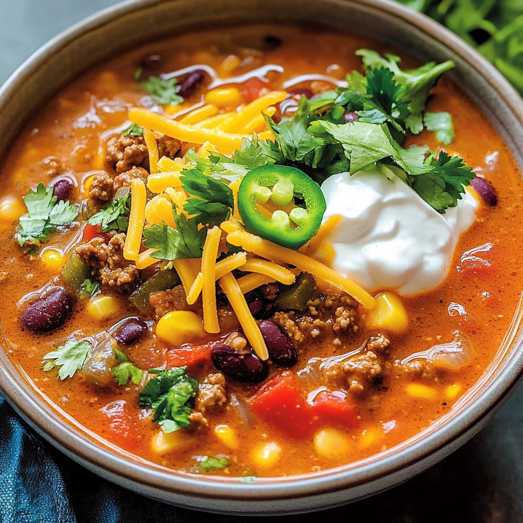 Tazón de Sopa de Taco con ingredientes frescos y guarniciones coloridas.