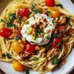 Plato de Spaghetti de Pollo con burrata y salsa de mantequilla de ajo y limón